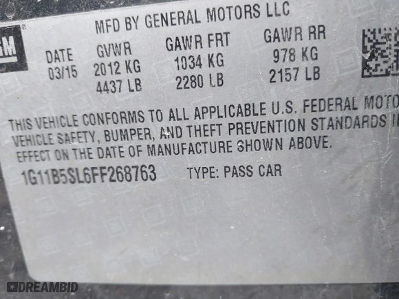 2015 Chevrolet Malibu LS with VIN 1G11B5SL6FF268763, listed as a IAAI auction lot 41683674 with 85,023 mi miles. Bid and sale history available at carsss.com. Image 9.