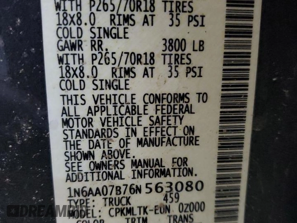 2006 Nissan Titan LE z VIN 1N6AA07B76N563080, wystawiony jako Copart lot #44999845 z przebiegiem 261 816 mil mil oraz Nie do naprawy • Non repairable. Historia ofert i sprzedaży dostępna na DreamBid. Obrazek 14.