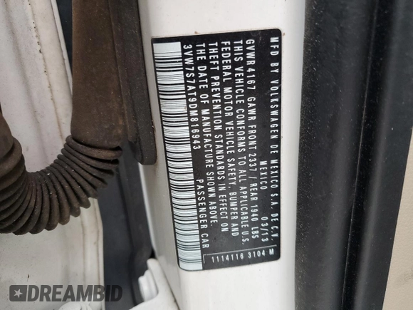 2013 Volkswagen Beetle with VIN 3VW7S7AT9DM816943, listed as a Copart auction lot 88466695 with 77,265 mi miles and Salvage Title. Bid and sale history available at DreamBid. Image 12.