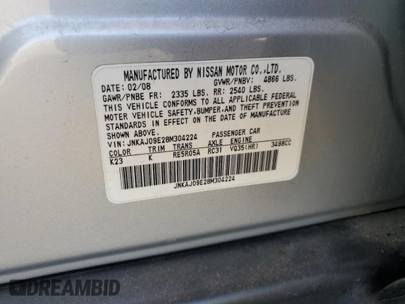 2008 Infiniti EX Journey with VIN JNKAJ09E28M304224, listed as a Copart auction lot 80590484 with 118,703 mi miles and Salvage Title. Bid and sale history available at DreamBid. Image 14.