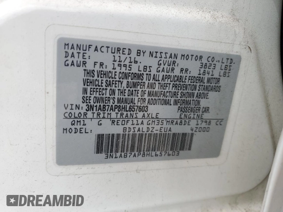 2017 Nissan Sentra SV z VIN 3N1AB7AP8HL657603, wystawiony jako Copart lot #58751815 z przebiegiem 137 151 mil mil oraz Nie do naprawy • Non repairable. Historia ofert i sprzedaży dostępna na DreamBid. Obrazek 12.