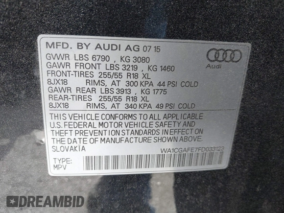 2015 Audi Q7 3.0T Premium with VIN WA1CGAFE7FD033123, listed as a IAAI auction lot 41376164 with 96,787 mi miles. Bid and sale history available at carsss.com. Image 9.