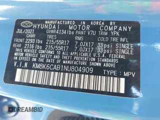 2022 Hyundai Kona SEL with VIN KM8K6CAB1NU804909, listed as a IAAI auction lot 41321862 with 20,091 mi miles. Bid and sale history available at carsss.com. Image 9.