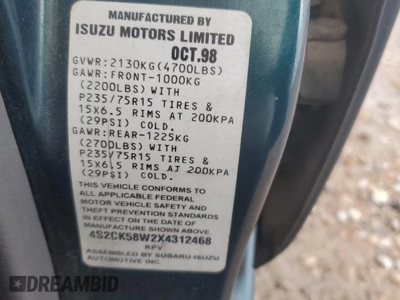 1999 Isuzu Rodeo S with VIN 4S2CK58W2X4312468, listed as a Copart auction lot 85753294 with Not Provided miles and Salvage Title. Bid and sale history available at DreamBid. Image 15.