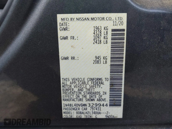2021 Nissan Altima 2.5 SV with VIN 1N4BL4DV6MN329944, listed as a IAAI auction lot 41400480 with 100,237 mi miles. Bid and sale history available at carsss.com. Image 9.