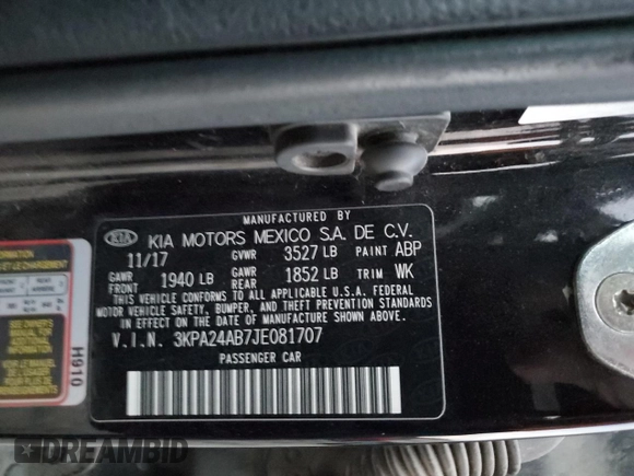 2018 Kia Rio LX with VIN 3KPA24AB7JE081707, listed as a Copart auction lot 50106085 with 99,457 mi miles and Salvage Title. Bid and sale history available at carsss.com. Image 14.