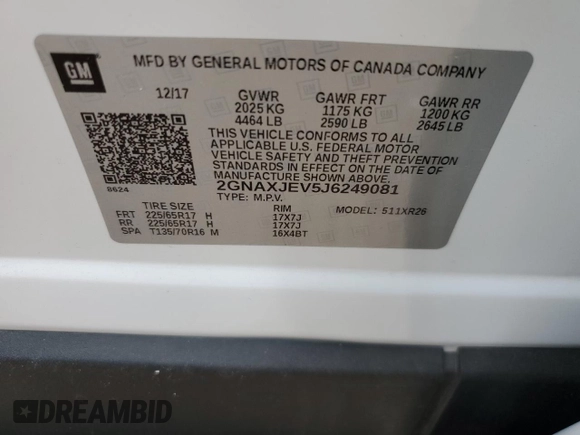 2018 Chevrolet Equinox LT with VIN 2GNAXJEV5J6249081, listed as a Copart auction lot 53311315 with 47,367 mi miles and Salvage Title. Bid and sale history available at carsss.com. Image 13.