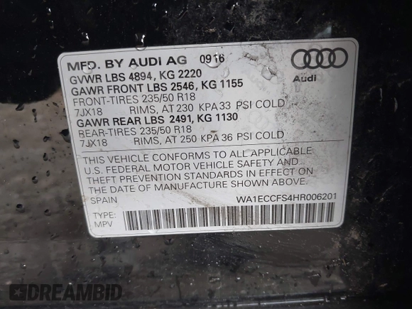 2017 Audi Q3 Premium with VIN WA1ECCFS4HR006201, listed as a IAAI auction lot 41876661 with 159,302 mi miles. Bid and sale history available at carsss.com. Image 9.
