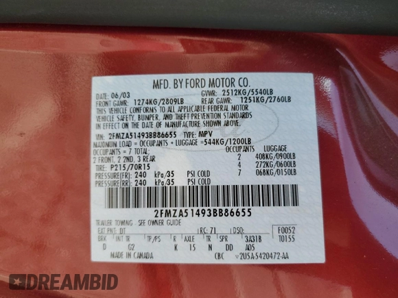 2003 Ford Windstar LX z VIN 2FMZA51493BB86655, wystawiony jako Copart lot #45599355 z przebiegiem 89 588 mil mil oraz Szkoda całkowita • Salvage title. Historia ofert i sprzedaży dostępna na DreamBid. Obrazek 13.