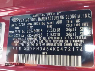 2019 Kia Sorento EX V6 with VIN 5XYPHDA54KG472174, listed as a IAAI auction lot 41509308 with 41,463 mi miles. Bid and sale history available at carsss.com. Image 9.