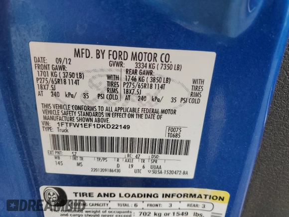 2013 Ford F-150 XL with VIN 1FTFW1EF1DKD22149, listed as a Copart auction lot 58136975 with 202,594 mi miles and Salvage title. Bid and sale history available at DreamBid. Image 12.