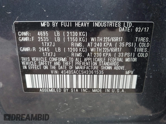 2017 Subaru Outback Premium with VIN 4S4BSACC5H3361535, listed as a IAAI auction lot 42499286 with 51,301 mi miles and . Bid and sale history available at DreamBid. Image 9.