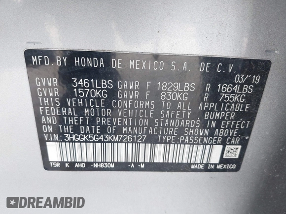 2019 Honda Fit LX with VIN 3HGGK5G43KM726127, listed as a IAAI auction lot 41690680 with 47,970 mi miles and . Bid and sale history available at DreamBid. Image 9.