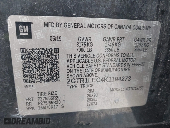 2019 GMC Sierra 1500 Limited with VIN 2GTR1LEC4K1194273, listed as a IAAI auction lot 41480102 with 51,289 mi miles. Bid and sale history available at carsss.com. Image 9.