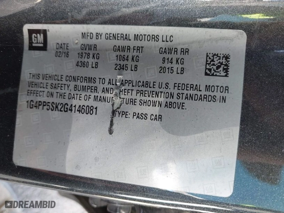 2016 Buick Verano with VIN 1G4PP5SK2G4146081, listed as a IAAI auction lot 41652594 with 167,993 mi miles. Bid and sale history available at carsss.com. Image 9.