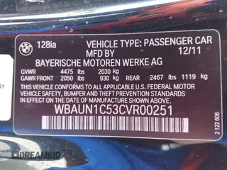 2012 BMW 1 Series 128i с VIN WBAUN1C53CVR00251, выставлен на аукционе IAAI как лот 42164868 с пробегом 96 440 миль миль и . История ставок и продаж доступна на DreamBid. Изображение 9.