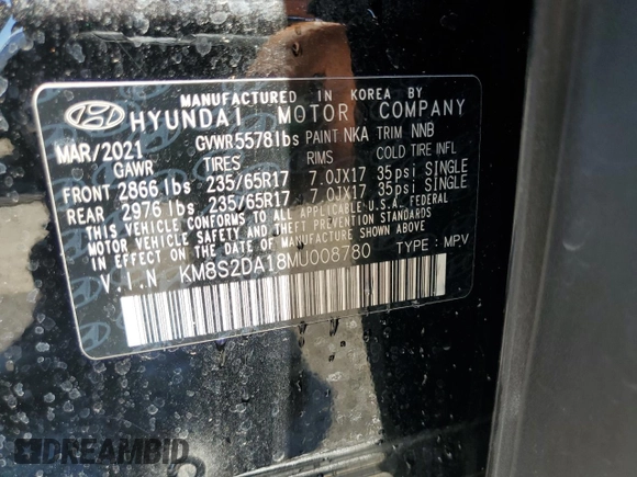 2021 Hyundai Santa Fe Hybrid Blue with VIN KM8S2DA18MU008780, listed as a Copart auction lot 57113624 with 36,420 mi miles and Salvage Title. Bid and sale history available at carsss.com. Image 13.