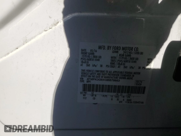 2016 Ford Edge SE с VIN 2FMPK3G9XGBB78663, выставлен на аукционе Copart как лот 57715695 с пробегом 71 746 миль миль и Списание • Salvage title. История ставок и продаж доступна на DreamBid. Изображение 13.