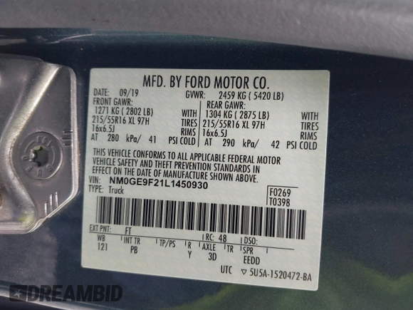 2020 Ford Transit Connect XLT with VIN NM0GE9F21L1450930, listed as a IAAI auction lot 42520958 with 76,212 mi miles and . Bid and sale history available at DreamBid. Image 9.