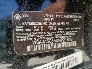 2013 BMW 3 Series 328i with VIN WBA3A5G55DNP21848, listed as a Copart auction lot 61733995 with 134,760 mi miles and Salvage title. Bid and sale history available at DreamBid. Image 13.
