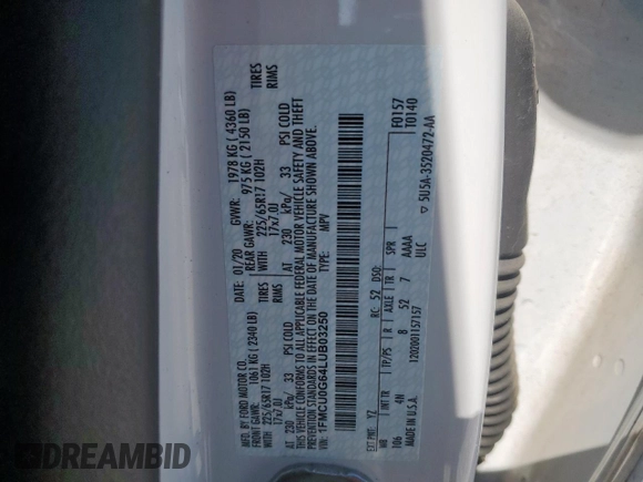 2020 Ford Escape SE with VIN 1FMCU0G64LUB03250, listed as a Copart auction lot 57816645 with 55,837 mi miles and Salvage title. Bid and sale history available at DreamBid. Image 13.