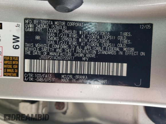 2006 Toyota Highlander w/3rd Row z VIN JTEEP21A260155917, wystawiony jako Copart lot #57387535 z przebiegiem 202 599 mil mil oraz Szkoda całkowita • Salvage title. Historia ofert i sprzedaży dostępna na DreamBid. Obrazek 13.