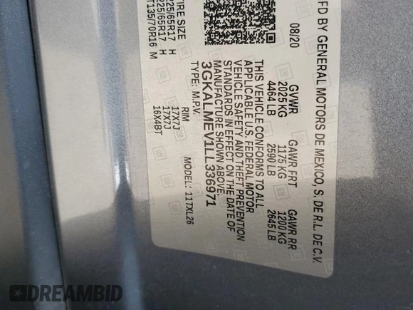 2020 GMC Terrain SLE z VIN 3GKALMEV1LL336971, wystawiony jako Copart lot #58567955 z przebiegiem 119 568 mil mil oraz Szkoda całkowita • Salvage title. Historia ofert i sprzedaży dostępna na DreamBid. Obrazek 13.