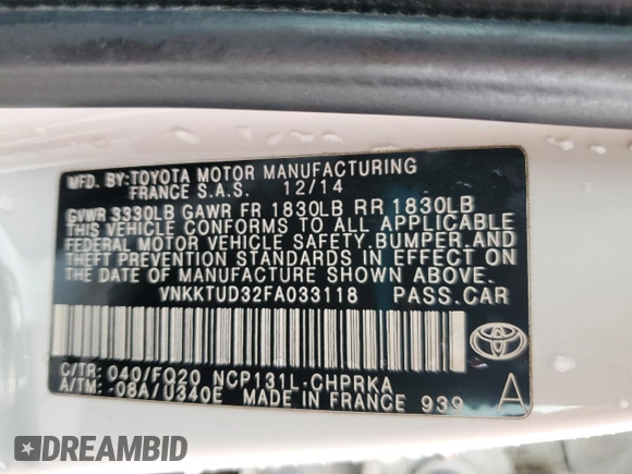 2015 Toyota Yaris L with VIN VNKKTUD32FA033118, listed as a Copart auction lot 52800075 with 111,305 mi miles and Salvage Title. Bid and sale history available at DreamBid. Image 12.