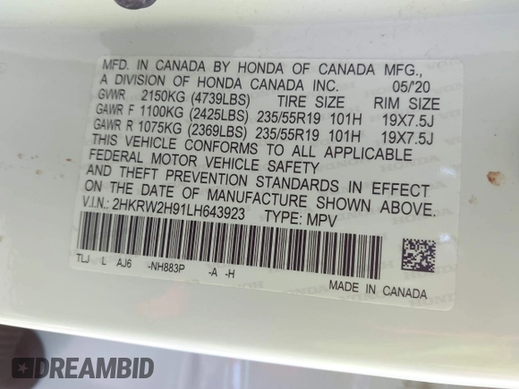 2020 Honda CR-V Touring with VIN 2HKRW2H91LH643923, listed as a IAAI auction lot 41258484 with 48,543 mi miles and . Bid and sale history available at DreamBid. Image 9.