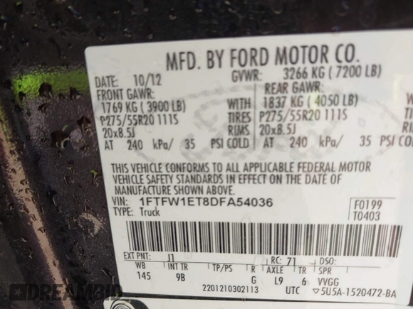 2013 Ford F-150 XL with VIN 1FTFW1ET8DFA54036, listed as a IAAI auction lot 41862315 with 163,762 mi miles and . Bid and sale history available at DreamBid. Image 9.
