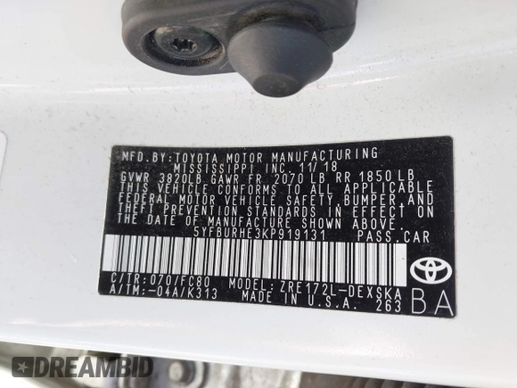 2019 Toyota Corolla L with VIN 5YFBURHE3KP919131, listed as a IAAI auction lot 41695163 with 114,532 mi miles and . Bid and sale history available at DreamBid. Image 9.