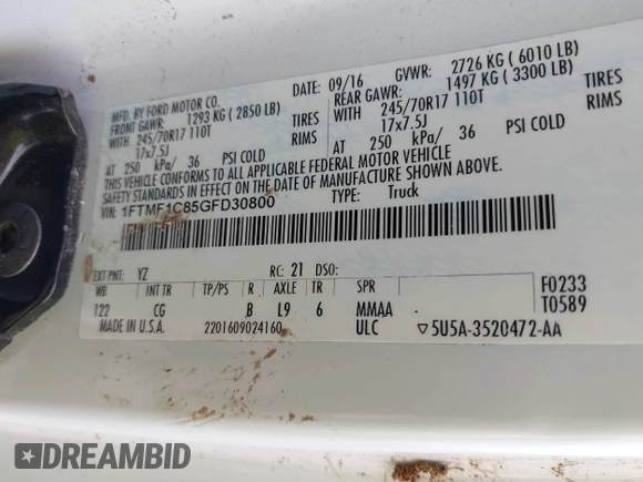 2016 Ford F-150 XL with VIN 1FTMF1C85GFD30800, listed as a IAAI auction lot 42481270 with 192,513 mi miles and . Bid and sale history available at DreamBid. Image 9.