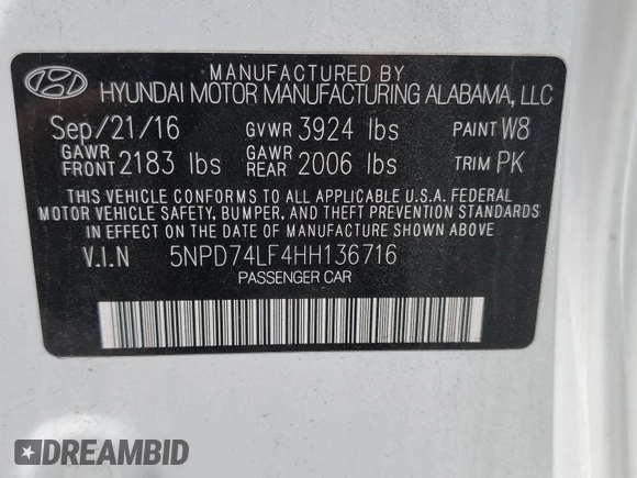 2017 Hyundai Elantra SE with VIN 5NPD74LF4HH136716, listed as a Copart auction lot 53873635 with 103,092 mi miles and Salvage Title. Bid and sale history available at DreamBid. Image 12.