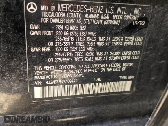 1999 Mercedes-Benz M 320/430/500 z VIN 4JGAB72E7XA094491, wystawiony jako Copart lot #57490025 z przebiegiem 194 406 mil mil oraz Szkoda całkowita • Salvage title. Historia ofert i sprzedaży dostępna na DreamBid. Obrazek 12.