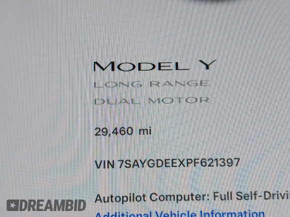 2023 Tesla Model Y Long Range with VIN 7SAYGDEEXPF621397, listed as a IAAI auction lot 41922714 with 29,460 mi miles. Bid and sale history available at carsss.com. Image 15.