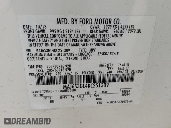 2019 Ford EcoSport SE with VIN MAJ6S3GL4KC251309, listed as a Copart auction lot 49452025 with 80,336 mi miles and Salvage Title. Bid and sale history available at carsss.com. Image 13.