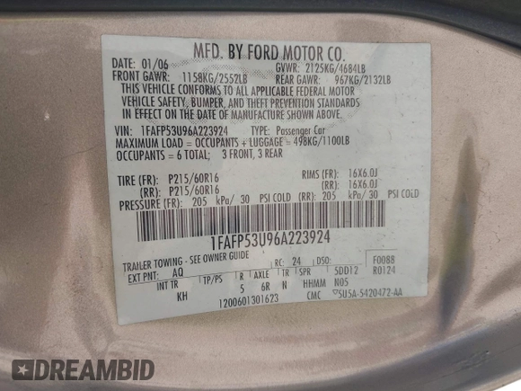 2006 Ford Taurus SE with VIN 1FAFP53U96A223924, listed as a IAAI auction lot 41828443 with 114,653 mi miles. Bid and sale history available at carsss.com. Image 9.