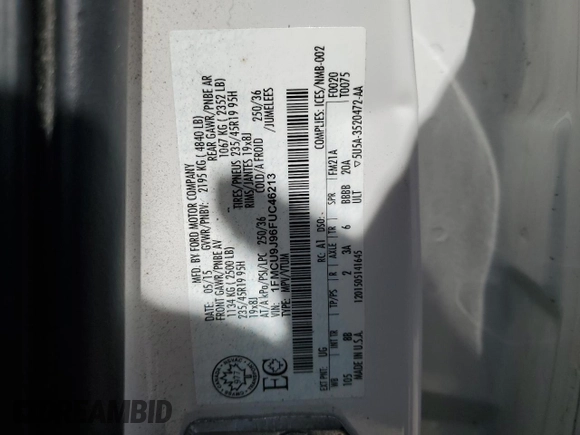 2015 Ford Escape Titanium with VIN 1FMCU9J96FUC46213, listed as a Copart auction lot 50299845 with 130,535 mi miles and Salvage Title. Bid and sale history available at carsss.com. Image 12.