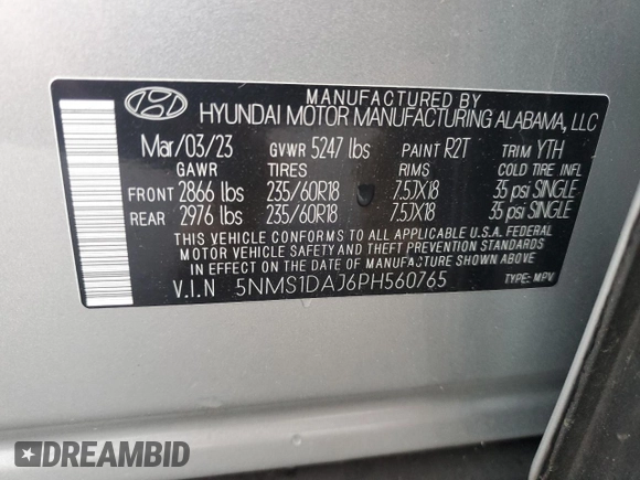 2023 Hyundai Santa Fe SE with VIN 5NMS1DAJ6PH560765, listed as a Copart auction lot 62218415 with 14,808 mi miles and Salvage title. Bid and sale history available at DreamBid. Image 13.