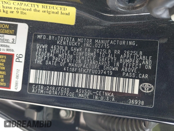 2015 Toyota Camry XLE with VIN 4T1BF1FK7FU037419, listed as a IAAI auction lot 42053259 with 118,453 mi miles and . Bid and sale history available at DreamBid. Image 9.