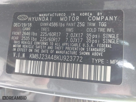 2019 Hyundai Tucson SE with VIN KM8J23A48KU923772, listed as a IAAI auction lot 42069850 with 57,692 mi miles. Bid and sale history available at carsss.com. Image 9.