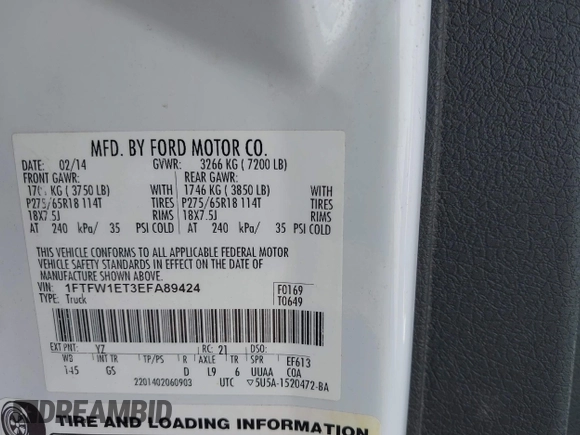 2014 Ford F-150 XL with VIN 1FTFW1ET3EFA89424, listed as a IAAI auction lot 42066869 with 163,110 mi miles. Bid and sale history available at carsss.com. Image 9.