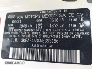 2021 Kia Rio LX with VIN 3KPA24AD0ME395186, listed as a IAAI auction lot 41865802 with 52,351 mi miles and . Bid and sale history available at DreamBid. Image 9.
