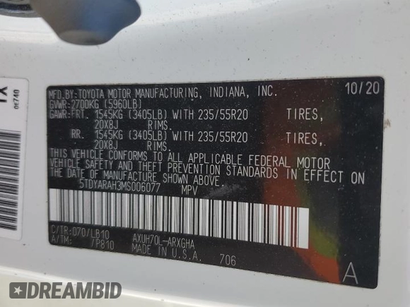 2021 Toyota Highlander Hybrid Limited с VIN 5TDYARAH3MS006077, выставлен на аукционе Copart как лот 43145585 с пробегом 121 815 миль миль и Списание • Salvage title. История ставок и продаж доступна на DreamBid. Изображение 15.