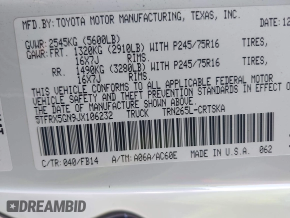 2018 Toyota Tacoma SR with VIN 5TFRX5GN9JX106232, listed as a IAAI auction lot 41634120 with 66,674 mi miles and . Bid and sale history available at DreamBid. Image 9.