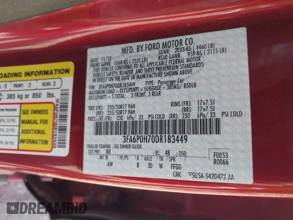 2013 Ford Fusion SE with VIN 3FA6P0H70DR183449, listed as a IAAI auction lot 42157349 with 86,690 mi miles. Bid and sale history available at carsss.com. Image 9.