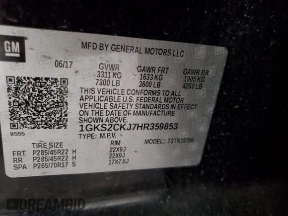 2017 GMC Yukon Denali with VIN 1GKS2CKJ7HR359853, listed as a Copart auction lot 50948535 with 183,409 mi miles and Salvage Title. Bid and sale history available at carsss.com. Image 13.