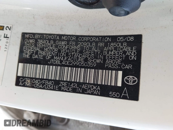 2009 Toyota Corolla with VIN JTDBL40E299050359, listed as a IAAI auction lot 41994588 with 173,397 mi miles and . Bid and sale history available at DreamBid. Image 9.
