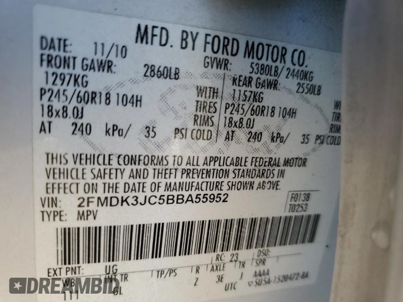 2011 Ford Edge SEL with VIN 2FMDK3JC5BBA55952, listed as a Copart auction lot 48886085 with 188,416 mi miles and Salvage Title. Bid and sale history available at DreamBid. Image 14.
