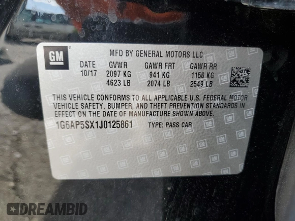 2018 Cadillac CTS RWD z VIN 1G6AP5SX1J0125861, wystawiony jako Copart lot #78643854 z przebiegiem 34 510 mil mil oraz Szkoda całkowita • Salvage title. Historia ofert i sprzedaży dostępna na DreamBid. Obrazek 12.